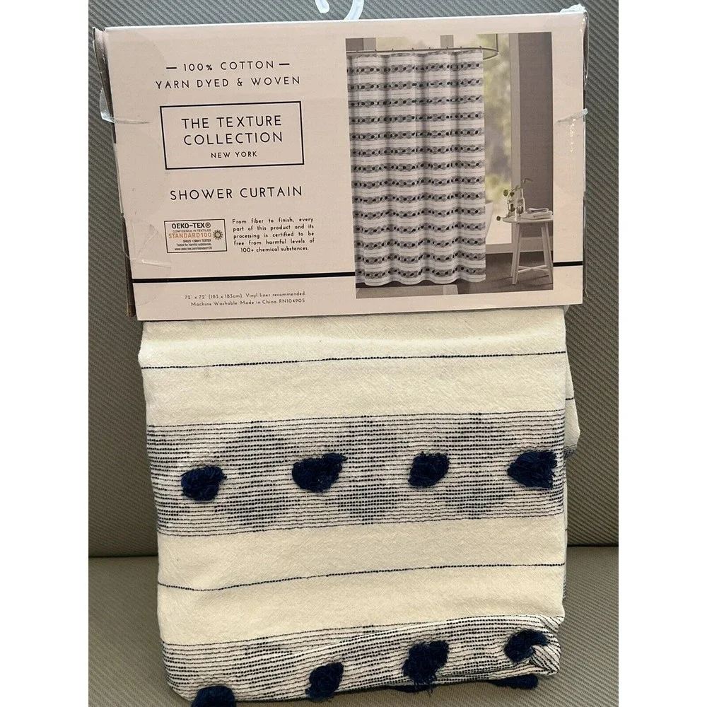 The Pure Collection Fabric Shower Curtain Textured Blue Tufts Stripes Cotton New